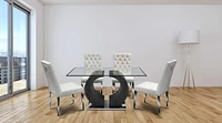 K-LIVING JENNIFER TEMPERED GLASS TOP AND GREY VENEER LEG WITH CHROME BASE DINING TABLE WITH TUFTED VELVET CHAIR IN BEIGE( 1 TABLE AND 4 CHAIRS)