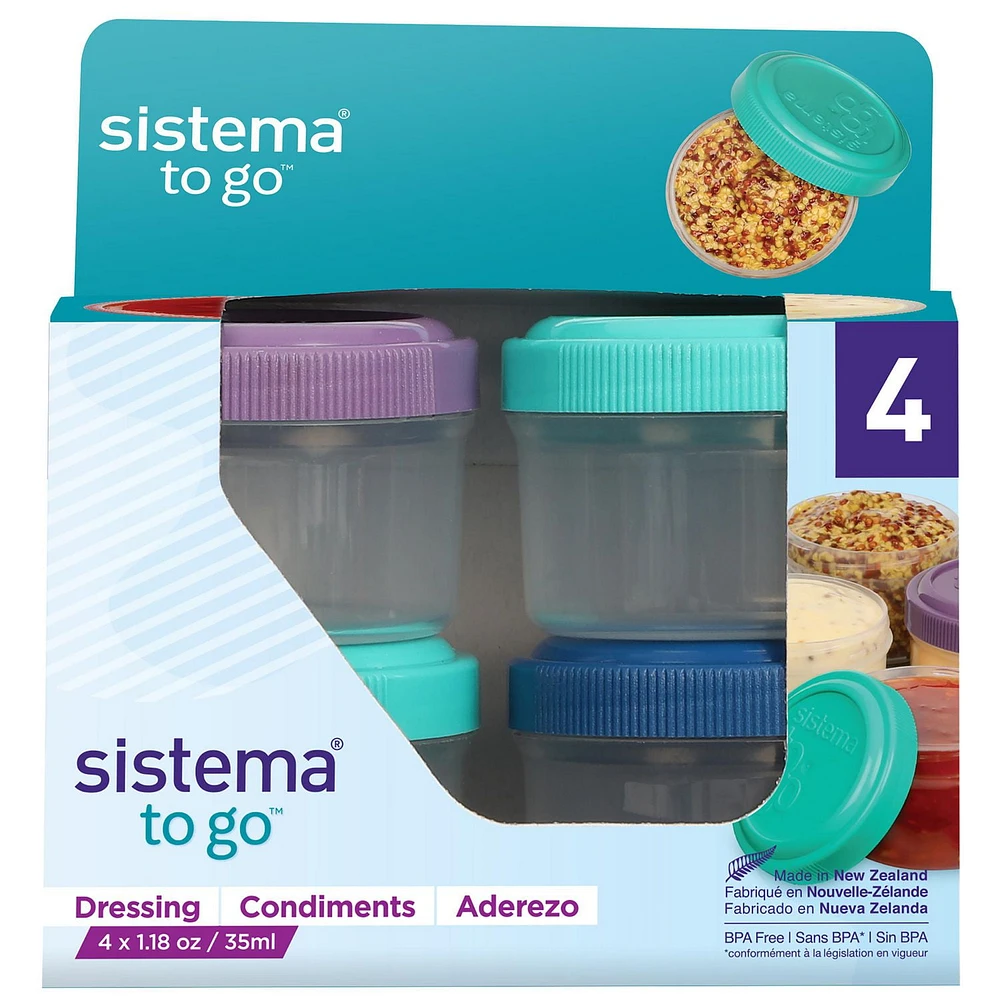 Sistema Dressing Pots TO GO, Food Container Sauce Pots with Lids, 35ml., BPA-Free, Blue, Green, Pink & Purple Lids, 4 Count, 35ml, Set of 4