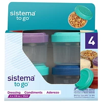 Sistema Dressing Pots TO GO, Food Container Sauce Pots with Lids, 35ml., BPA-Free, Blue, Green, Pink & Purple Lids, 4 Count, 35ml, Set of 4