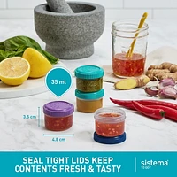 Sistema Dressing Pots TO GO, Food Container Sauce Pots with Lids, 35ml., BPA-Free, Blue, Green, Pink & Purple Lids, 4 Count, 35ml, Set of 4