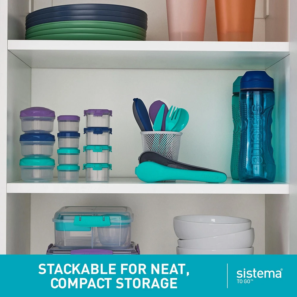 Sistema Dressing Pots TO GO, Food Container Sauce Pots with Lids, 35ml., BPA-Free, Blue, Green, Pink & Purple Lids, 4 Count, 35ml, Set of 4