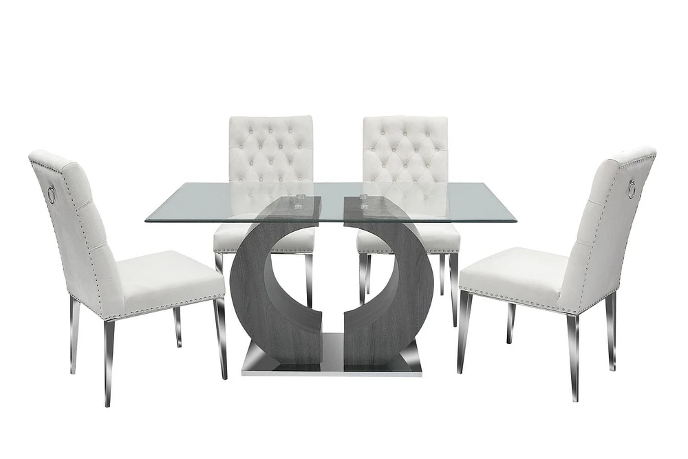 K-LIVING JENNIFER TEMPERED GLASS TOP AND GREY VENEER LEG WITH CHROME BASE DINING TABLE WITH TUFTED VELVET CHAIR IN BEIGE( 1 TABLE AND 4 CHAIRS)