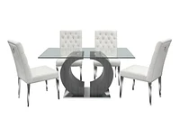 K-LIVING JENNIFER TEMPERED GLASS TOP AND GREY VENEER LEG WITH CHROME BASE DINING TABLE WITH TUFTED VELVET CHAIR IN BEIGE( 1 TABLE AND 4 CHAIRS)