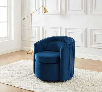 K-Living Sage Blue Velvet Fabric 360° Swivel Accent Chair with Gold Nail Head Detailing