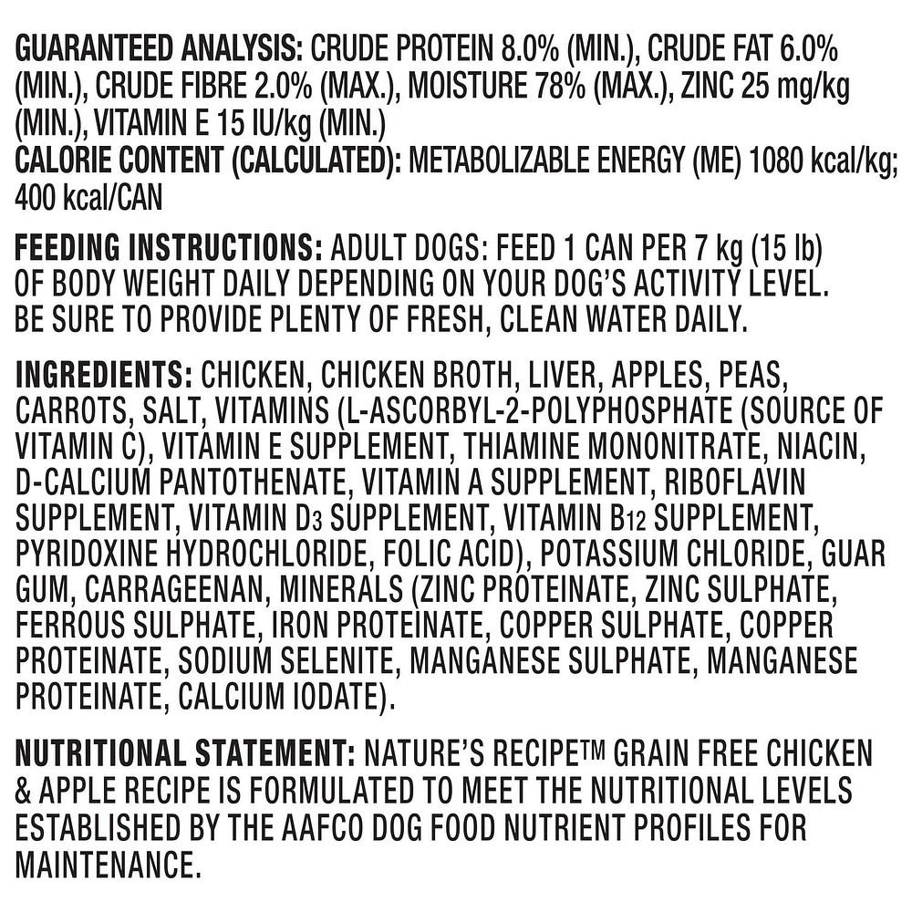 Nature's Recipe Grain Free Premium Paté Wet Dog Food, Chicken & Apple Recipe, 368g