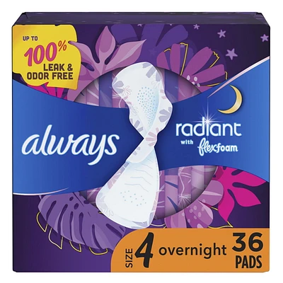 Always Radiant Overnight Feminine Pads for Women, Size 4 for Nighttime, with Wings, Light Clean Scent