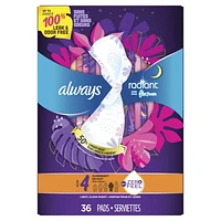 Always Radiant Overnight Feminine Pads for Women, Size 4 for Nighttime, with Wings, Light Clean Scent