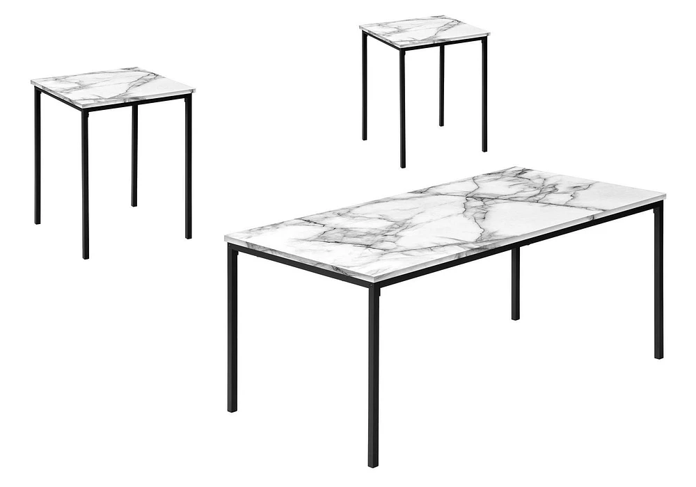 Monarch Specialties Table Set, 3pcs Set, Coffee, End, Black Metal, White Marble Look Laminate, Contemporary, Modern