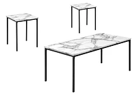 Monarch Specialties Table Set, 3pcs Set, Coffee, End, Black Metal, White Marble Look Laminate, Contemporary, Modern