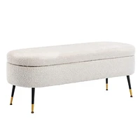 Pacha Storage Bench with white bouclé fabric and black legs with gold details