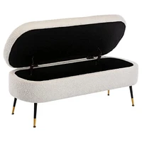 Pacha Storage Bench with white bouclé fabric and black legs with gold details