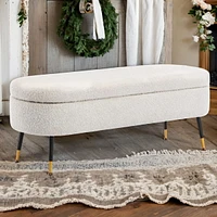 Pacha Storage Bench with white bouclé fabric and black legs with gold details