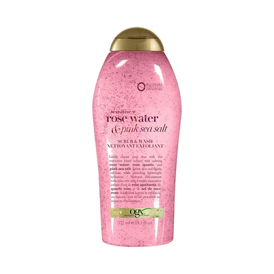 Nettoyant exfoliant OGX Rose Water & Pink Sea Salt, doux et apaisant 577 ml