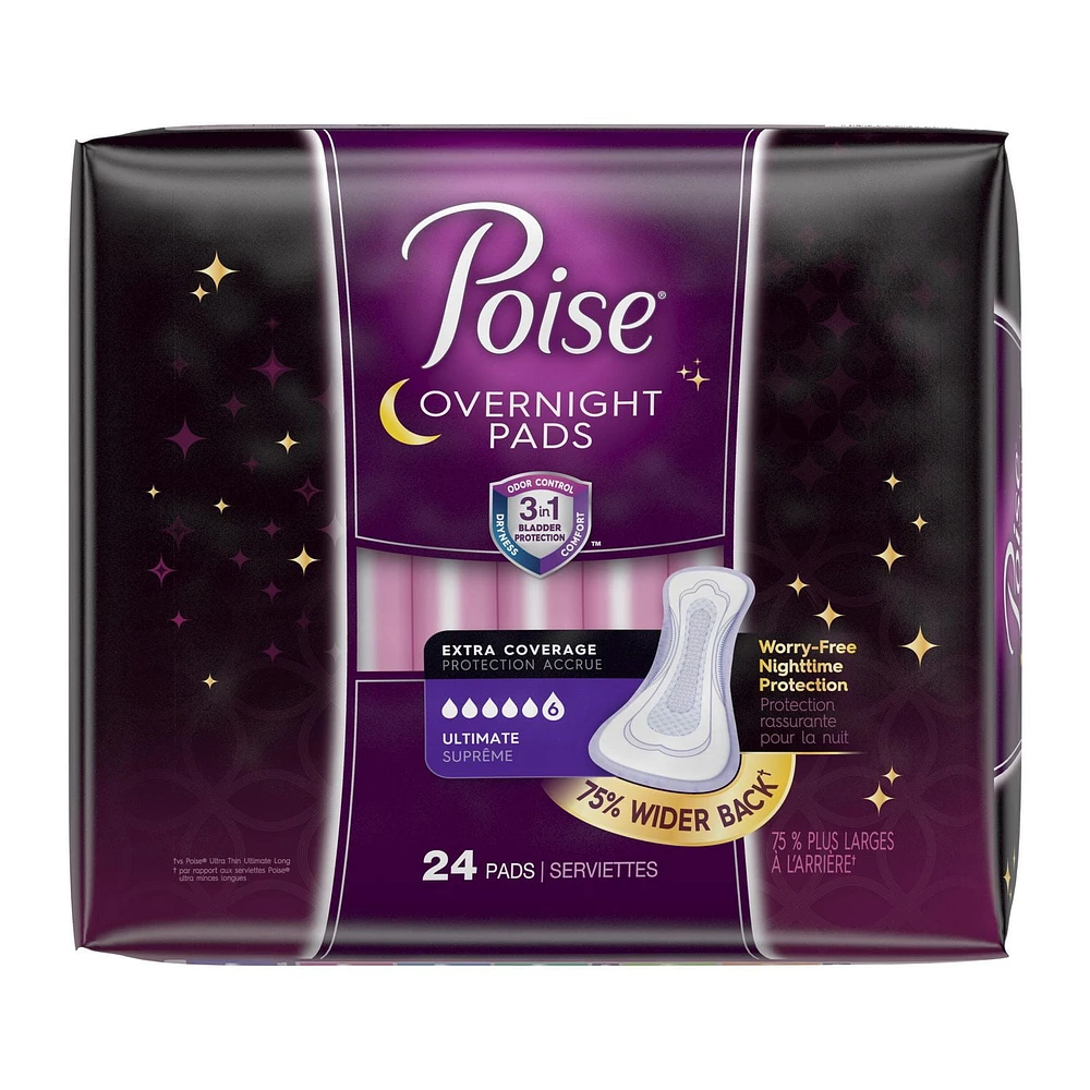 Poise Overnight Incontinence Pads, Ultimate Absorbency, Extra Coverage, 24 Count