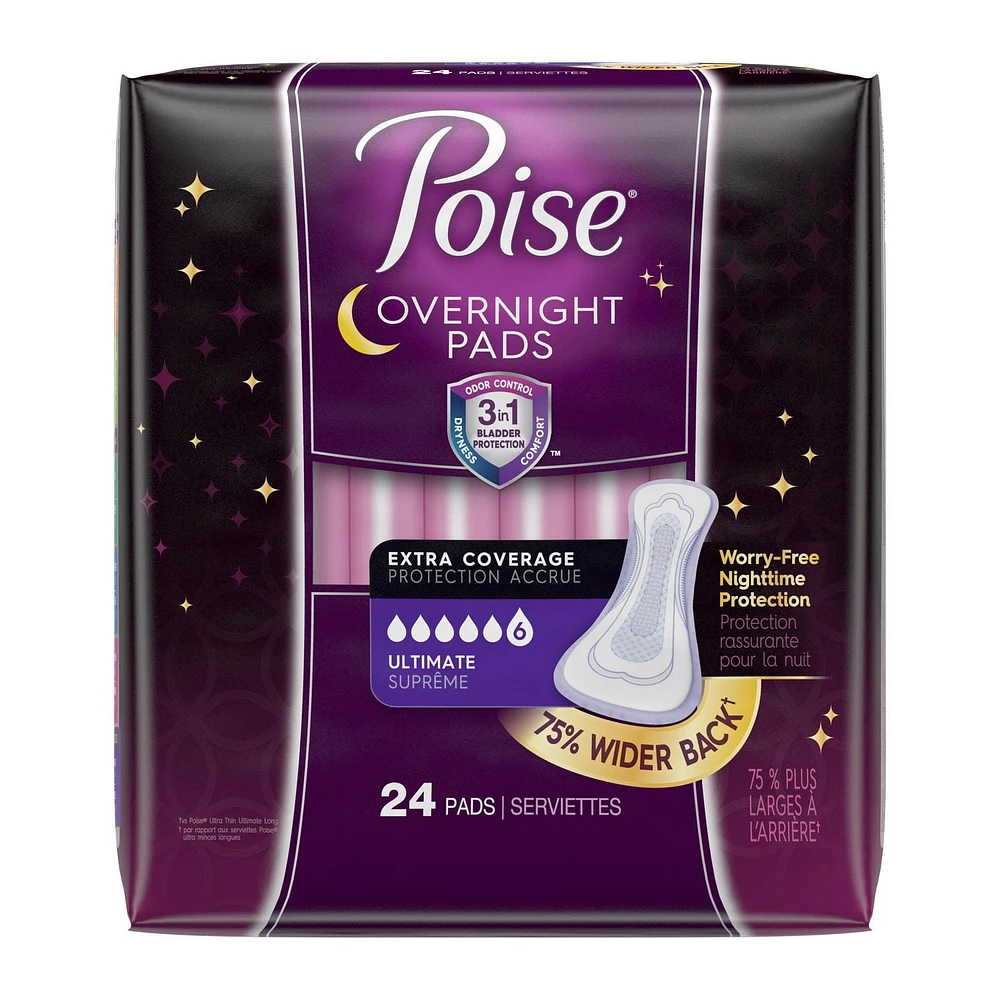 Poise Overnight Incontinence Pads, Ultimate Absorbency, Extra Coverage, 24 Count