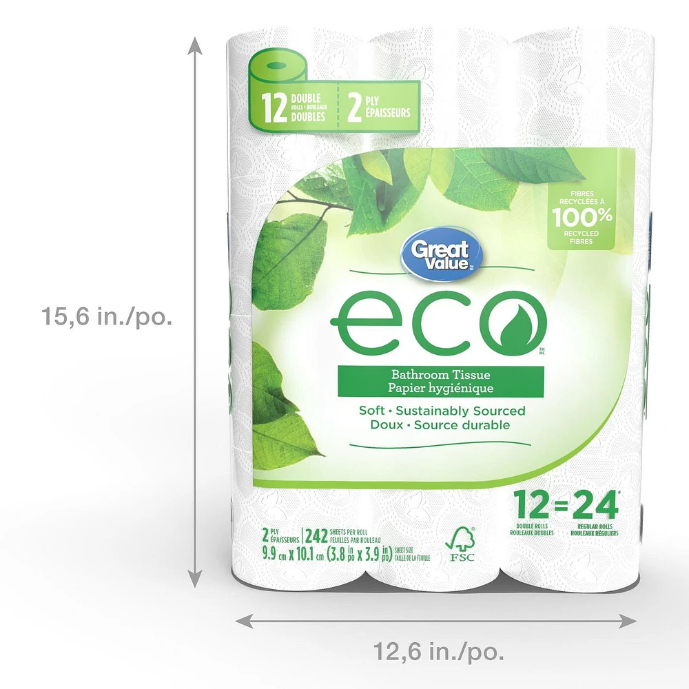 Great Value ECO Bathroom Tissue, 12 double rolls, 242 sheets, 12=24 rolls, 242 sheets