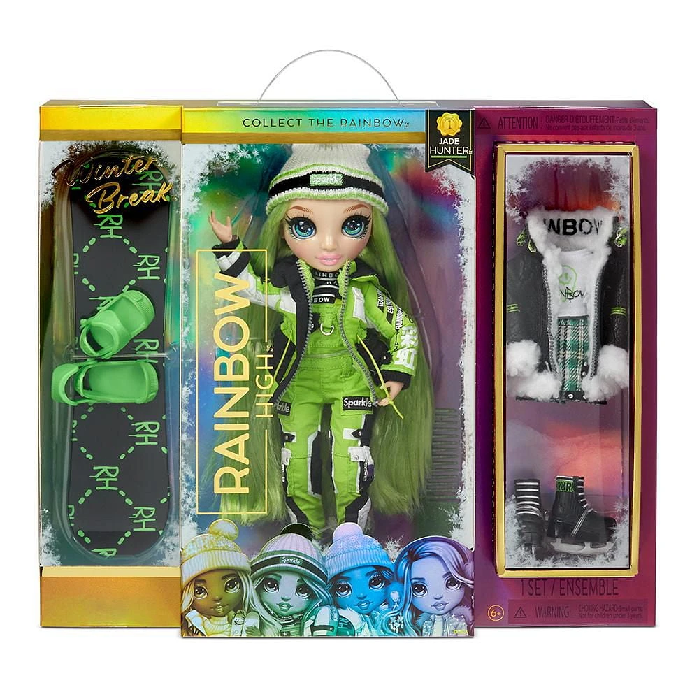 Rainbow High Winter Break Jade Hunter – Green Winter Break Fashion Doll and Playset with 2 complete doll outfits, Snowboard and Winter Doll Accessories, Great Gift for Kids 6-12 Years Old