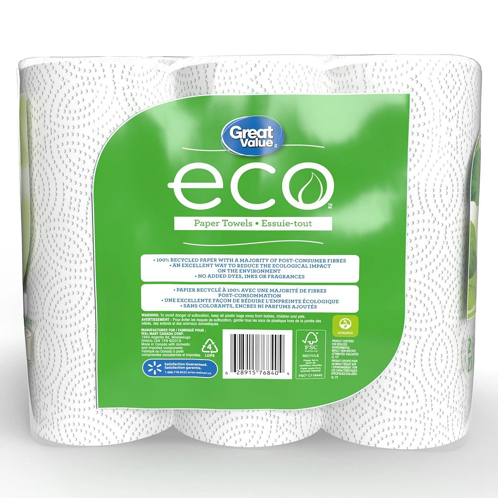 Great Value ECO Essuie-tout, 6 rouleaux géants, 105 feuilles 105 feuilles, format adaptable