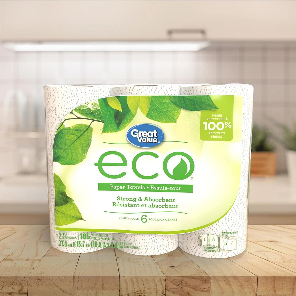 Great Value ECO Essuie-tout, 6 rouleaux géants, 105 feuilles 105 feuilles, format adaptable