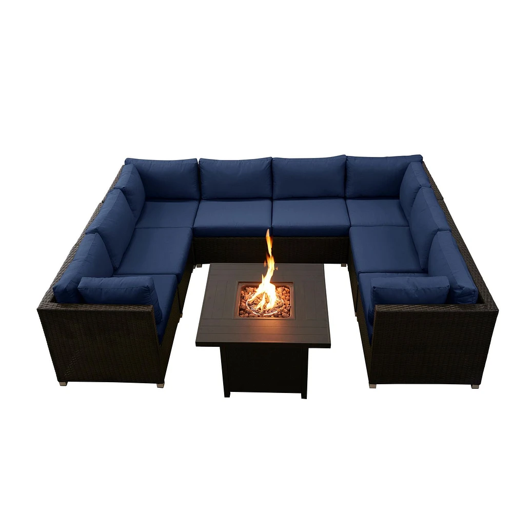 Innesbrook Collection 9-Piece Aluminum Patio Conversation Set with Navy Cushions and Square Fire Table