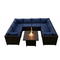 Innesbrook Collection 9-Piece Aluminum Patio Conversation Set with Navy Cushions and Square Fire Table