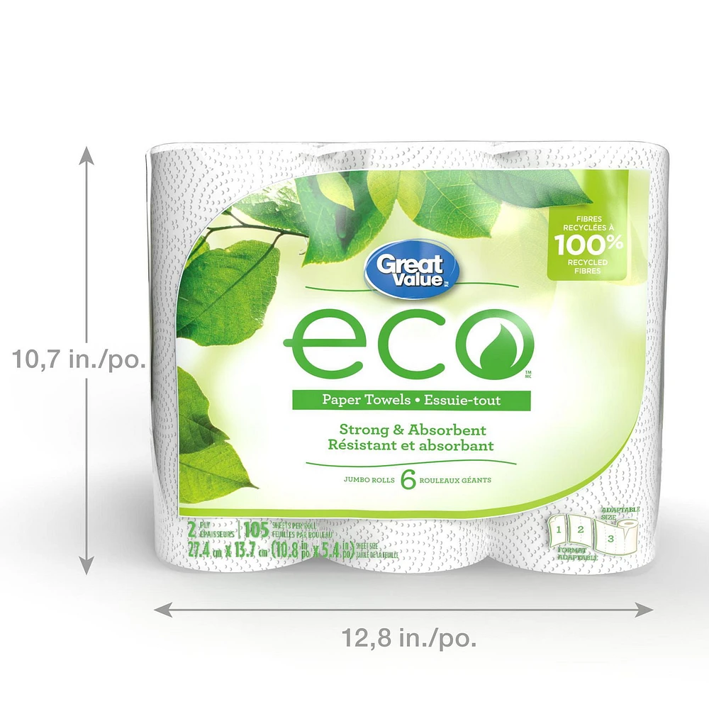 Great Value ECO Essuie-tout, 6 rouleaux géants, 105 feuilles 105 feuilles, format adaptable