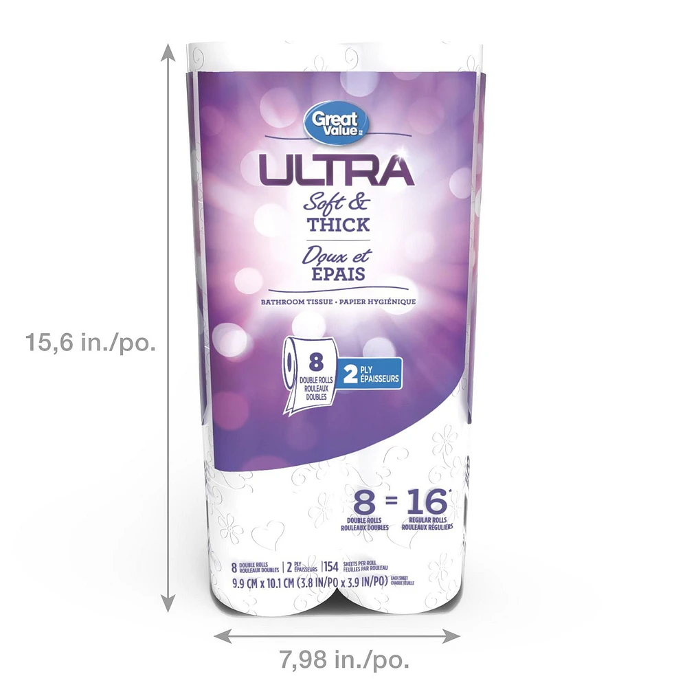 Great Value Ultra Soft and Thick Bathroom Tissue, 8 double rolls, 154 sheets, 8 double rolls, 2 ply