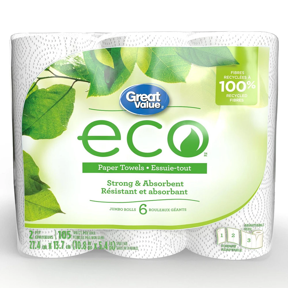 Great Value ECO Essuie-tout, 6 rouleaux géants, 105 feuilles 105 feuilles, format adaptable