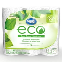 Great Value ECO Essuie-tout, 6 rouleaux géants, 105 feuilles 105 feuilles, format adaptable