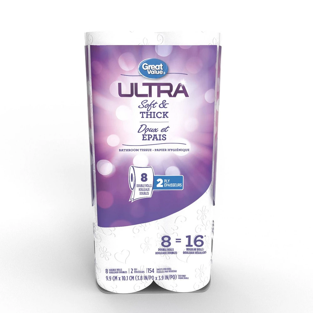 Great Value Ultra Soft and Thick Bathroom Tissue, 8 double rolls, 154 sheets, 8 double rolls, 2 ply