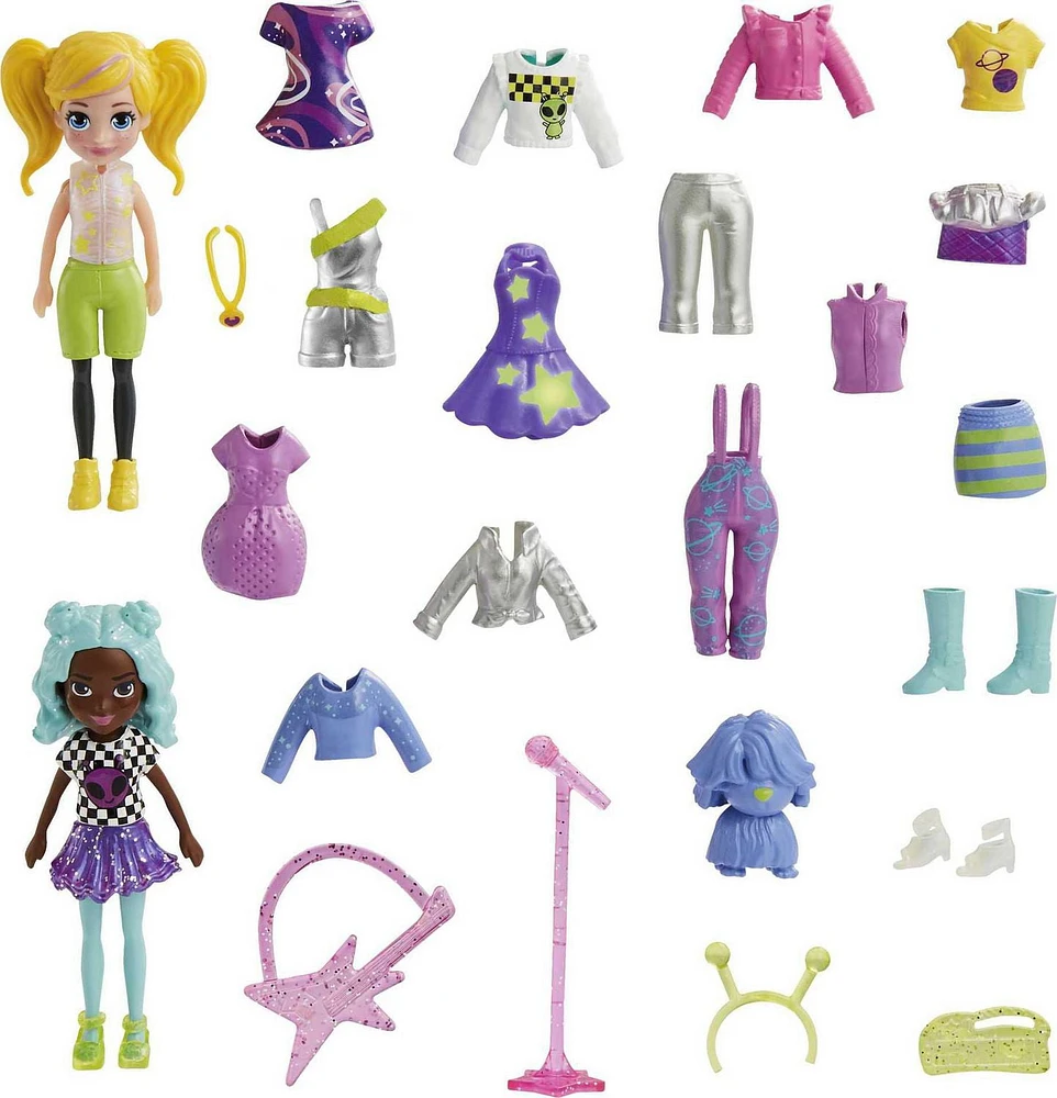 Polly Pocket 2 Dolls and 25 Accessories, Glow-in-the-Dark Pop Star Spotlight Fashion Pack