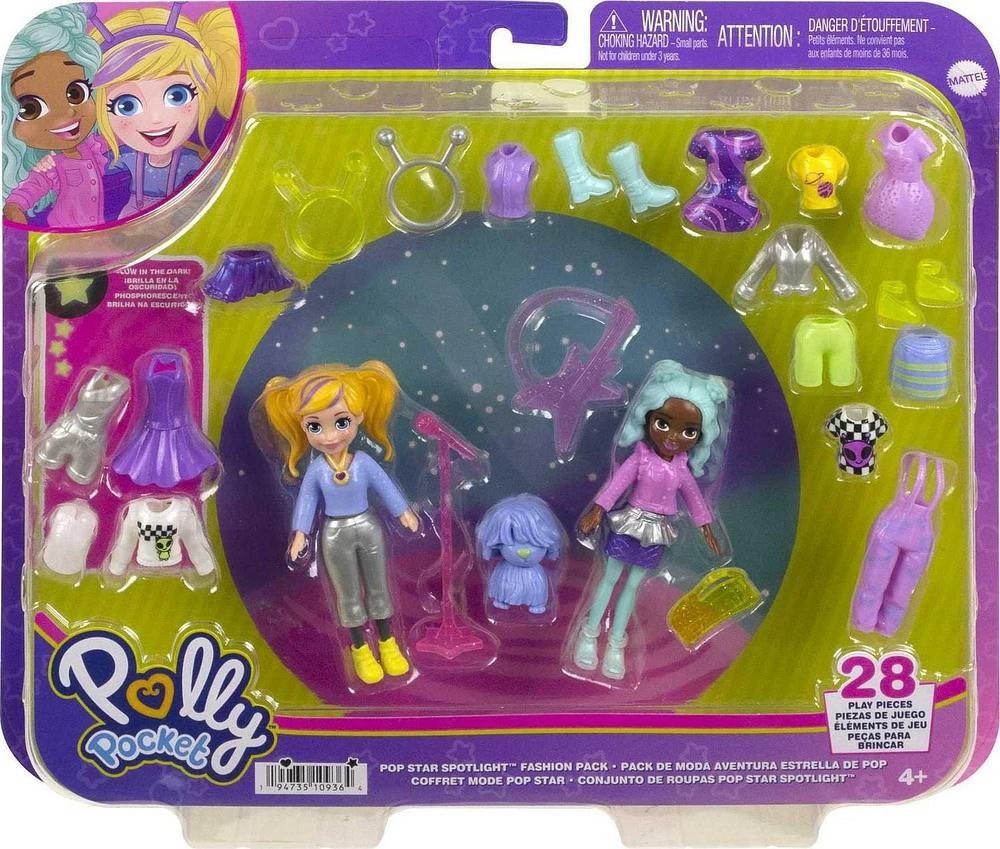 Polly Pocket 2 Dolls and 25 Accessories, Glow-in-the-Dark Pop Star Spotlight Fashion Pack