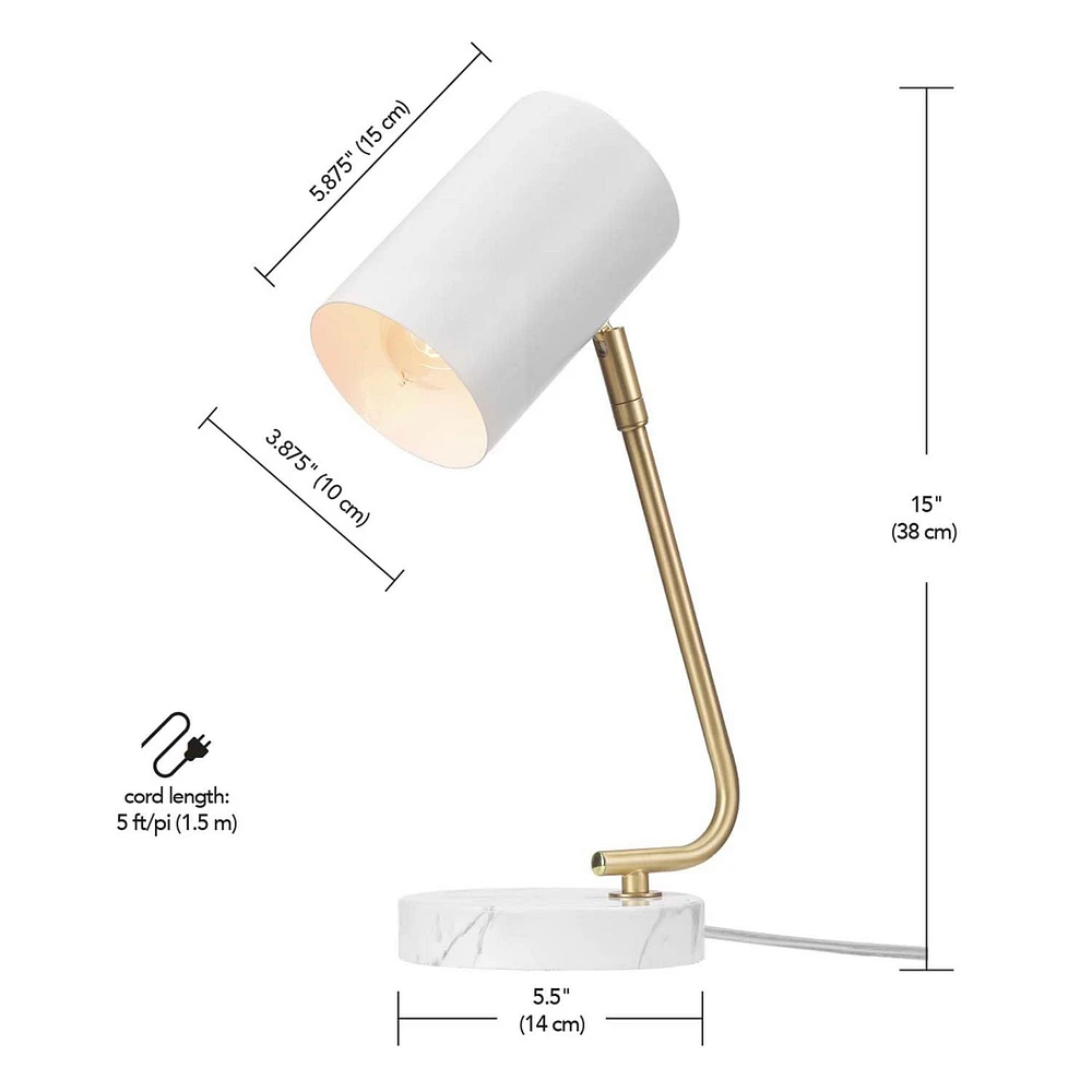 Novogratz x Globe Athena 15" Desk Lamp, White Shade, Brass Arm, White Faux Marble Base