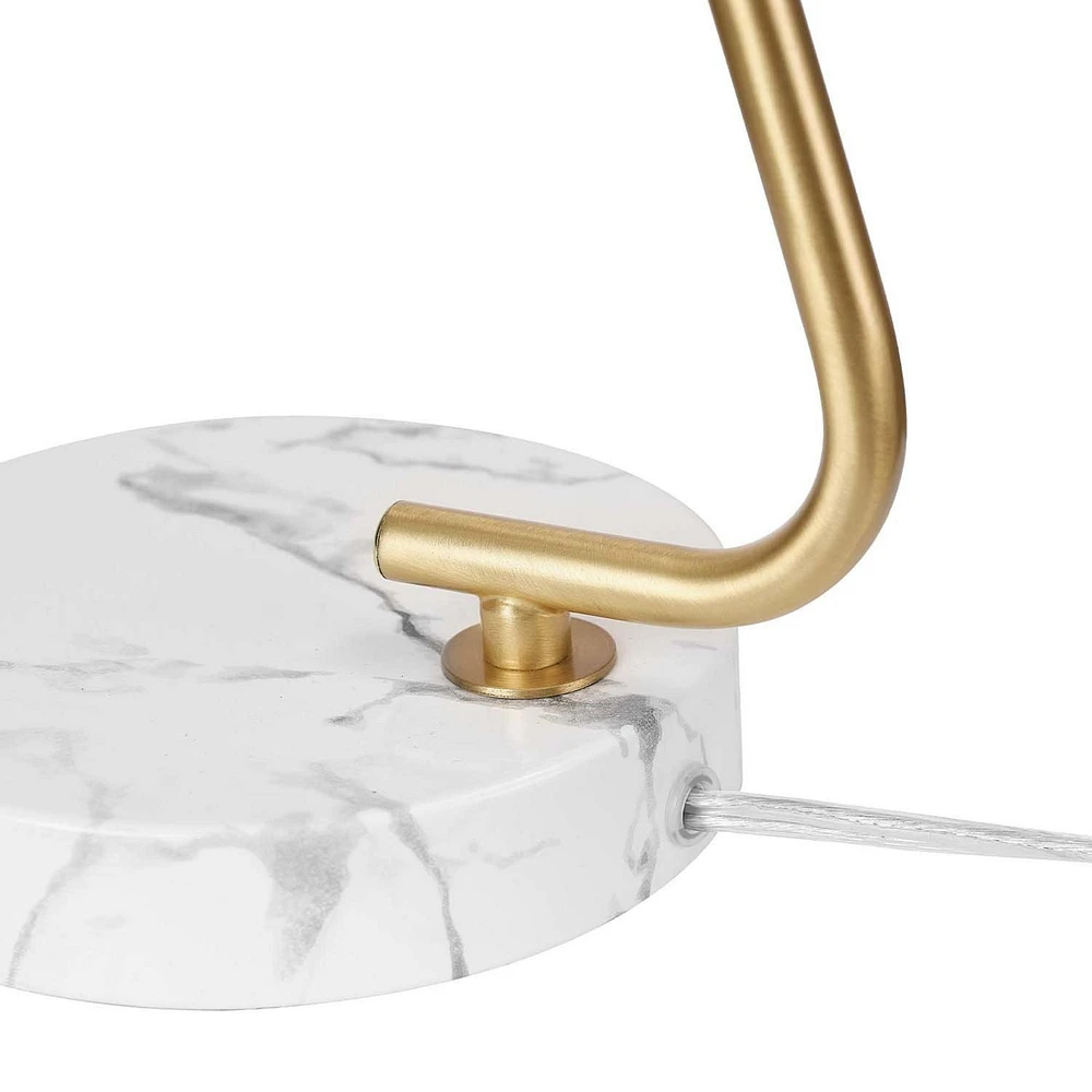 Novogratz x Globe Athena 15" Desk Lamp, White Shade, Brass Arm, White Faux Marble Base