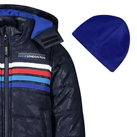 London Fog Infant boys coat, front zip, dino embossed print with fleece beanie