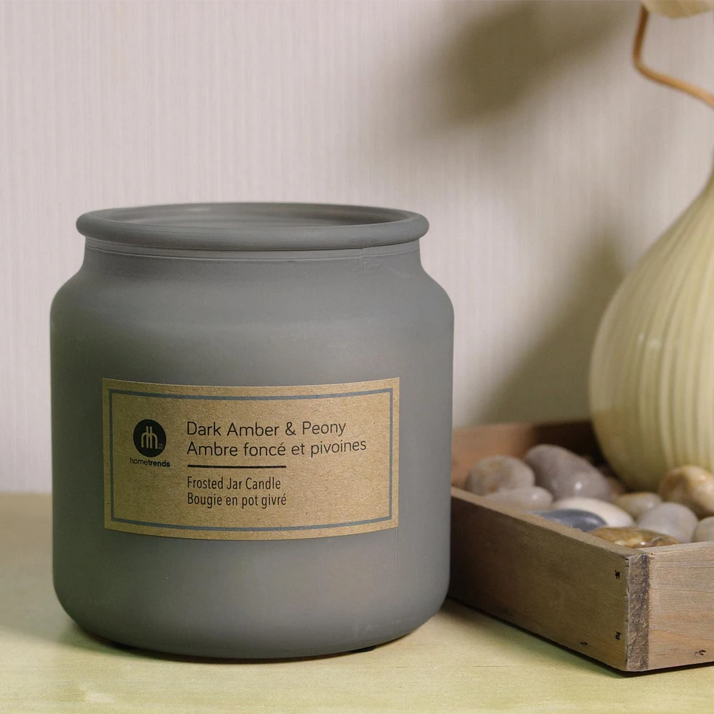 Hometrends 14oz DARK AMBER & PEONY Scented Frosted Jar Candle, 14oz fragranced candle