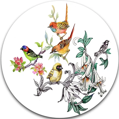 Art mural en métal Design Art Fleurs et oiseau tropicales ultra brillant en cercle