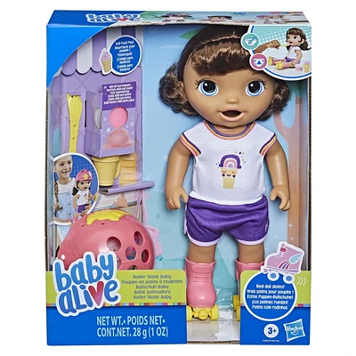 Baby Alive Poupée en patins à roulettes, 30 cm, pour enfants, dès 3 ans, mange et fait « caca », poupée avec patins à roulettes, cheveux bruns