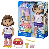 Baby Alive Roller Skate Baby Doll, 12-Inch Toy for Kids Ages 3 and Up, Eats and “Poops,” Doll with Roller Skates, Brown Hair