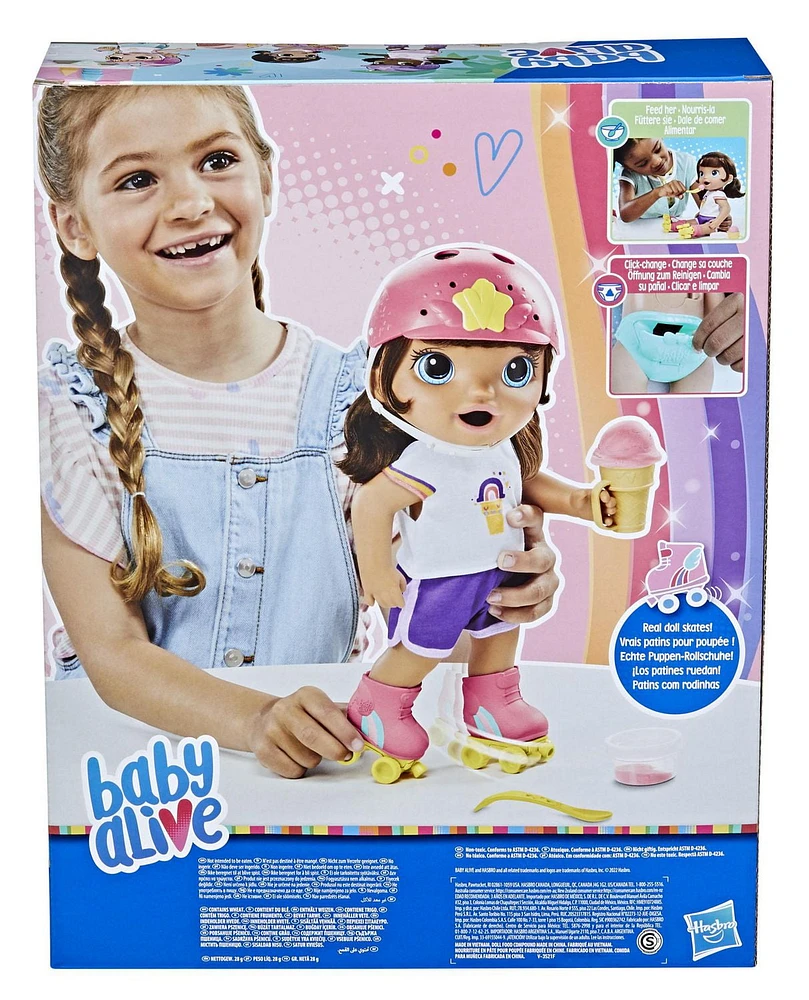 Baby Alive Roller Skate Baby Doll, 12-Inch Toy for Kids Ages 3 and Up, Eats and “Poops,” Doll with Roller Skates, Brown Hair