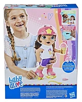 Baby Alive Roller Skate Baby Doll, 12-Inch Toy for Kids Ages 3 and Up, Eats and “Poops,” Doll with Roller Skates, Brown Hair