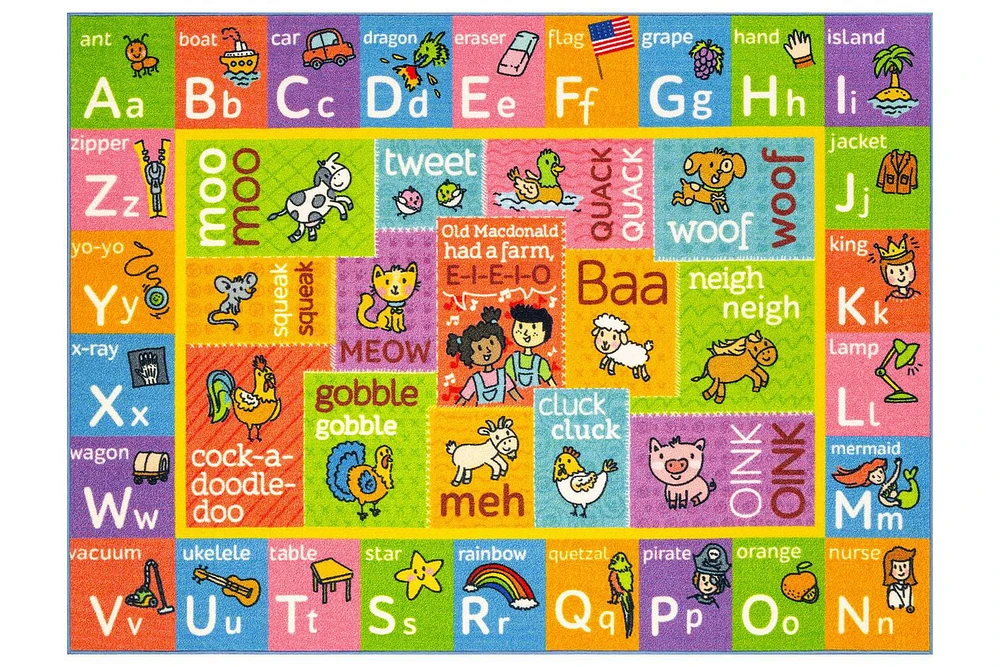 KC Cubs Playtime Collection ABC Alphabet with Old McDonald's Animals Educational Learning & Game Area Rug Carpet for Kids and Children Bedrooms and Playroom