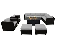 Innesbrook Collection 11-Piece Aluminum Patio Conversation Set with Cushions and Rectangle Fire Table