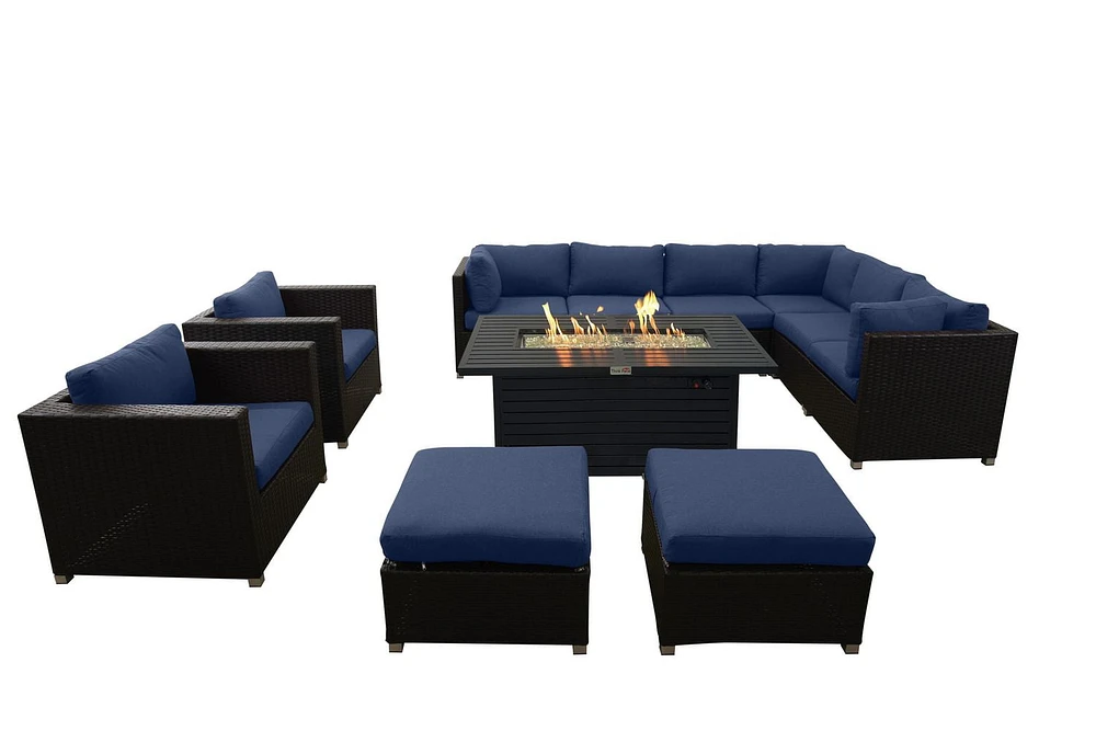 Innesbrook Collection 11-Piece Aluminum Patio Conversation Set with Navy Cushions and Rectangle Fire Table