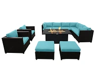 Innesbrook Collection 11-Piece Aluminum Patio Conversation Set with Aqua Cushions and Rectangle Fire Table