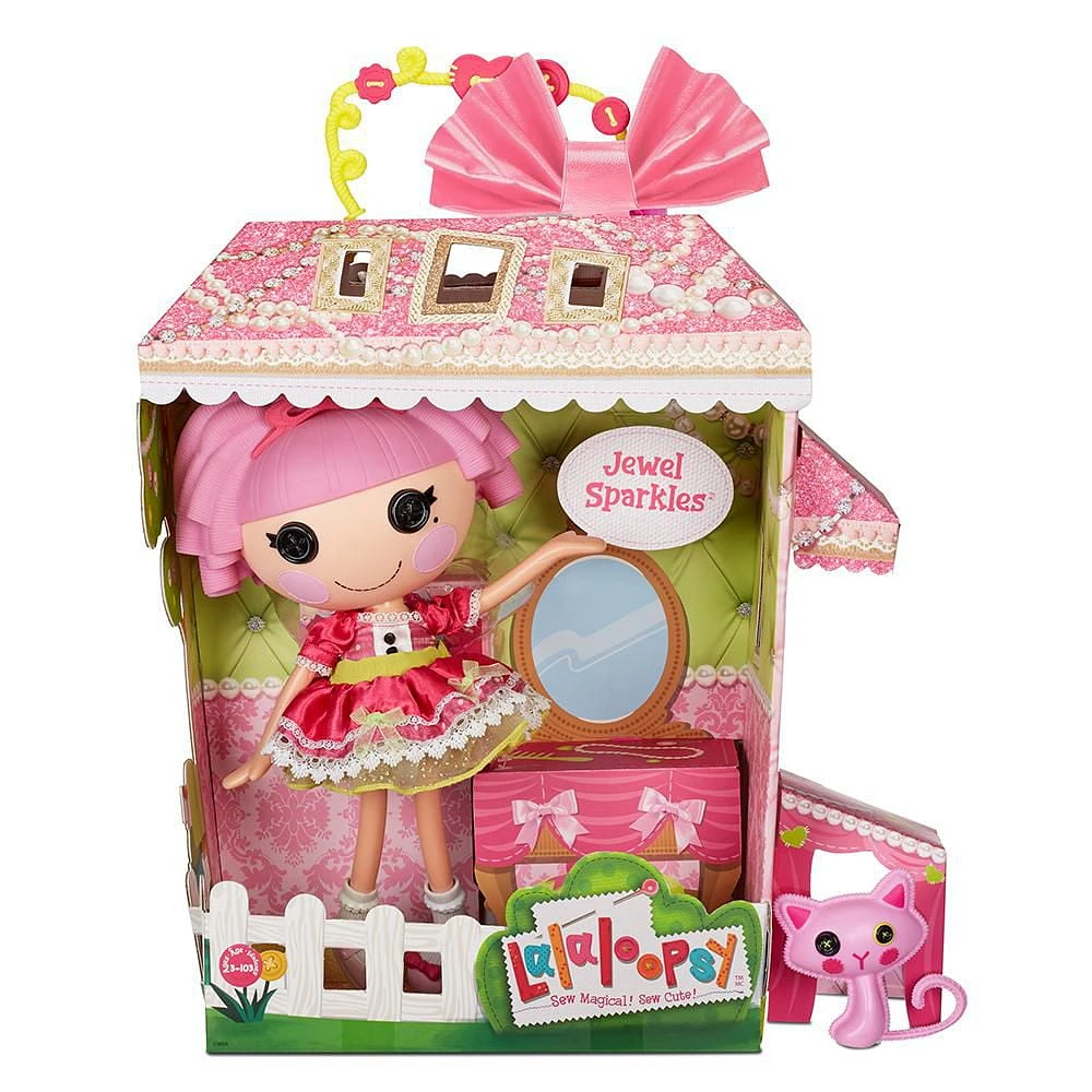 Lalaloopsy Doll - Jewel Sparkles with Pet Persian Cat, 13" princess doll with changeable pink outfit and shoes, in reusable house package playset