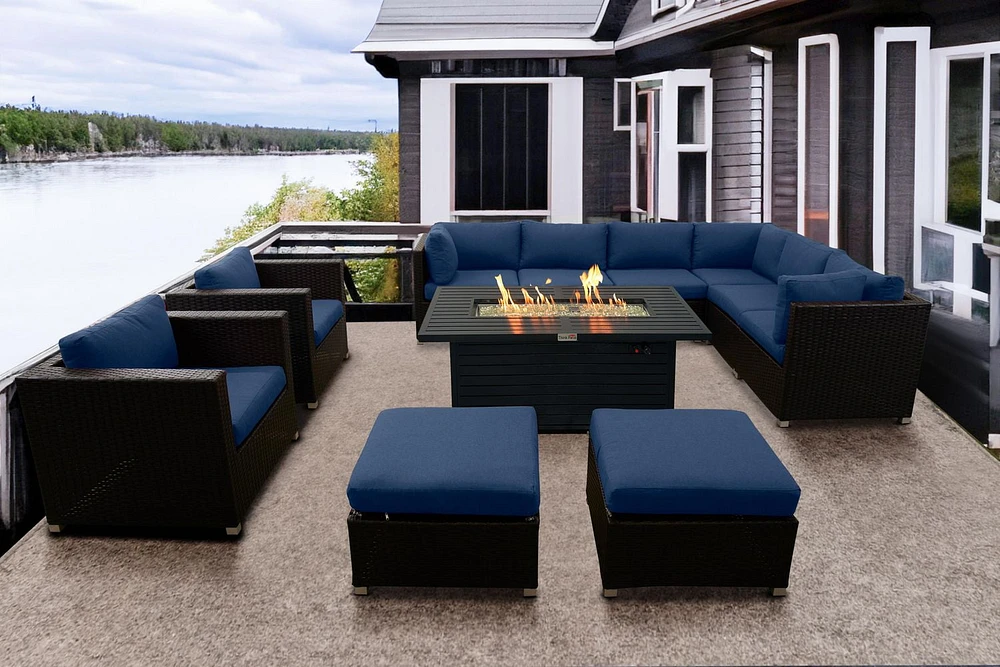 Innesbrook Collection 11-Piece Aluminum Patio Conversation Set with Navy Cushions and Rectangle Fire Table