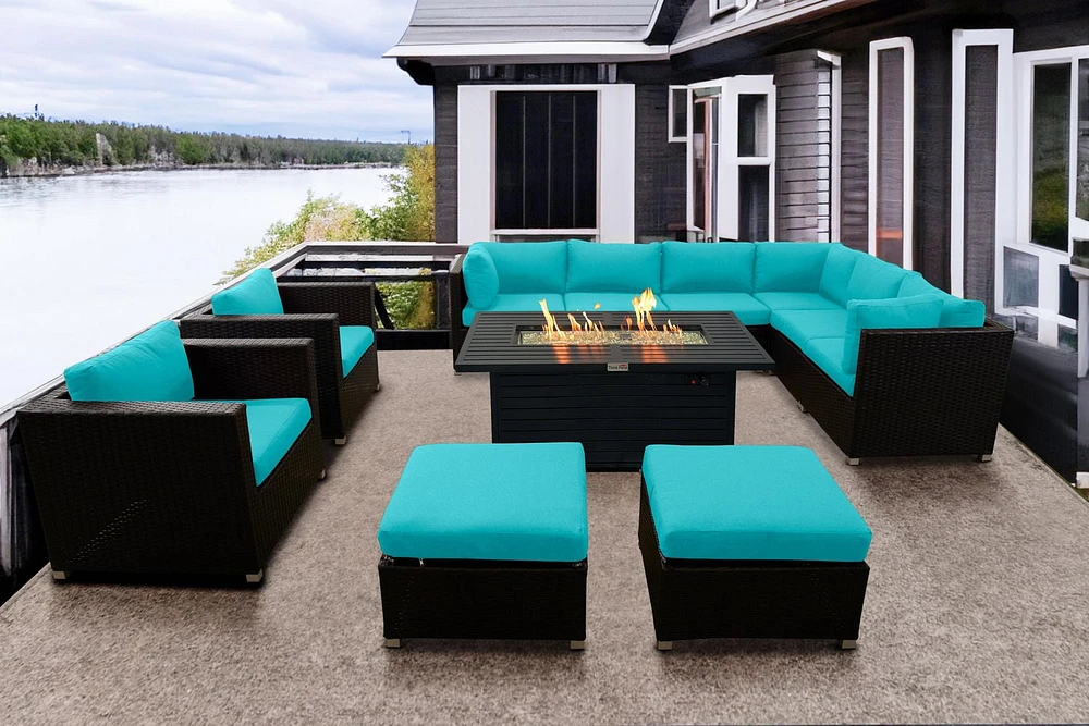 Innesbrook Collection 11-Piece Aluminum Patio Conversation Set with Aqua Cushions and Rectangle Fire Table