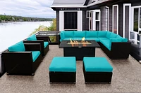 Innesbrook Collection 11-Piece Aluminum Patio Conversation Set with Aqua Cushions and Rectangle Fire Table