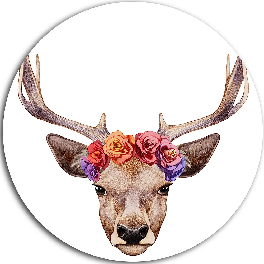 Design Art Deer Portrait with Floral Head' Ultra Glossy Deer Animal Metal Circle Wall Art